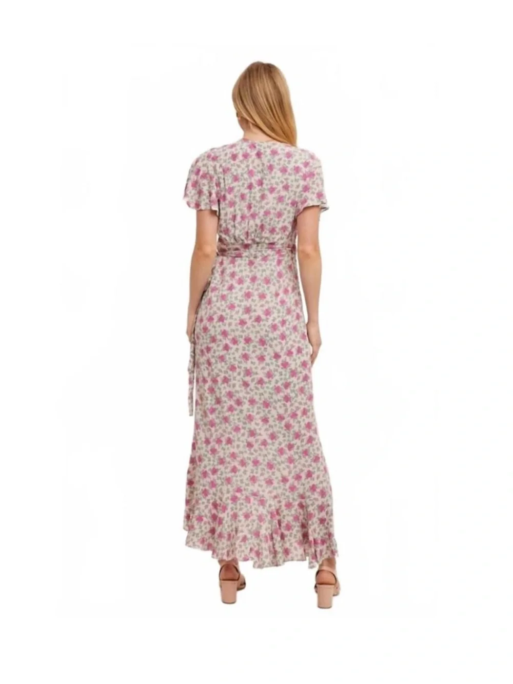 Bluivy Floral Wrap Maxi Dress Medium Ruffle Pink Romantic Feminine Cottage - Picture 3 of 10